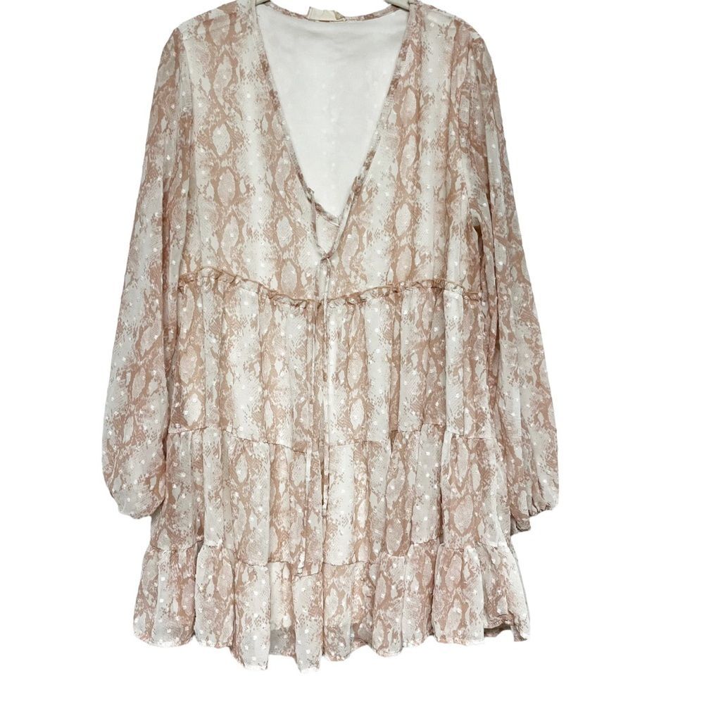 Altar’d State Womens Babydoll Swing Dress Size L Long Sleeve Snake Print Tiered